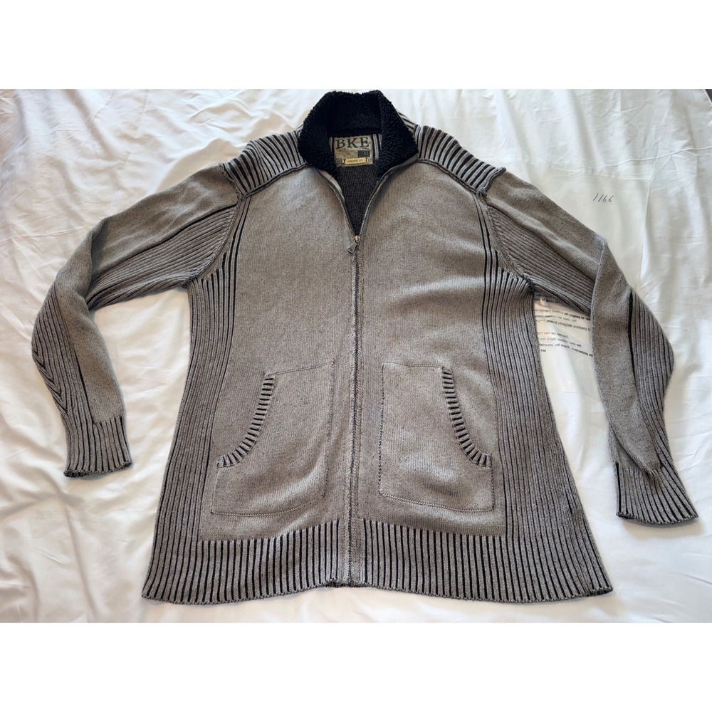 BKE Mens XL Gray Full Zip Sherpa Lined Mock Neck Athletic Fit Sweater 1166